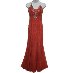 Womens Davids Bridal Prom Dress S Red Beaded Formal Mermaid Elegant Backless